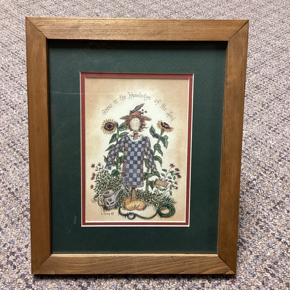 Framed Scarecrow Country Primitive Artwork Grown In The Knowledge of The Lord